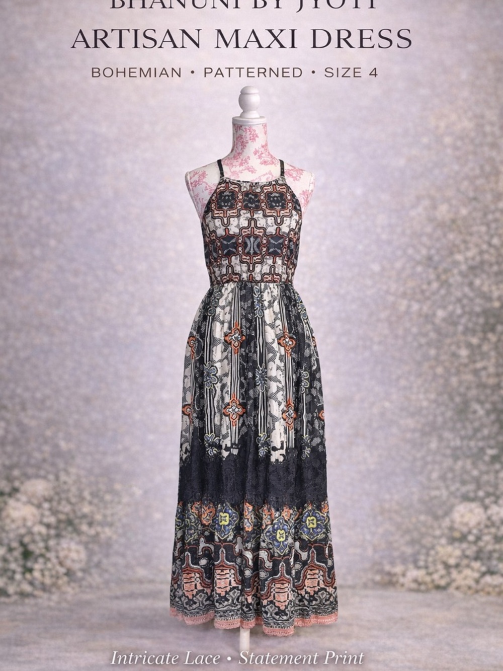 Bhanuni by Jyoti Anthro Like Black Patterned Bohemian Maxi Dress Lace Detail 4